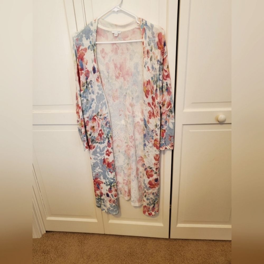 J Jill No-Button Floral Midi Length Cardigan in Blue/Pink/Ivory, Size L